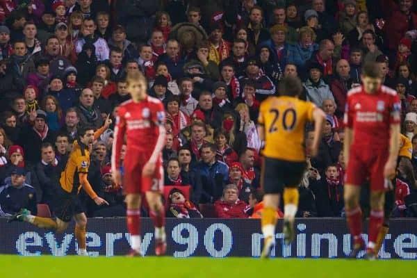 LIVERPOOL, ENGLAND - Wednesday, December 29, 2010: Wolverhampton Wanderers' Stephen Ward celebrates scoring the opening goal against Liverpool during the Premiership match at Anfield. (Photo by: David Rawcliffe/Propaganda)