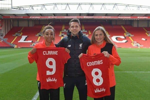 LFC Ladies signings Jess Clarke and Laura Coombs with manager Scott Rodgers (images via Liverpool FC)