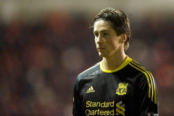 BLACKPOOL, ENGLAND - Wednesday, January 12, 2011: Liverpool's Fernando Torres looks dejected as his side lose 2-1 to Blackpool during the Premiership match at Bloomfield Road. (Photo by David Rawcliffe/Propaganda)