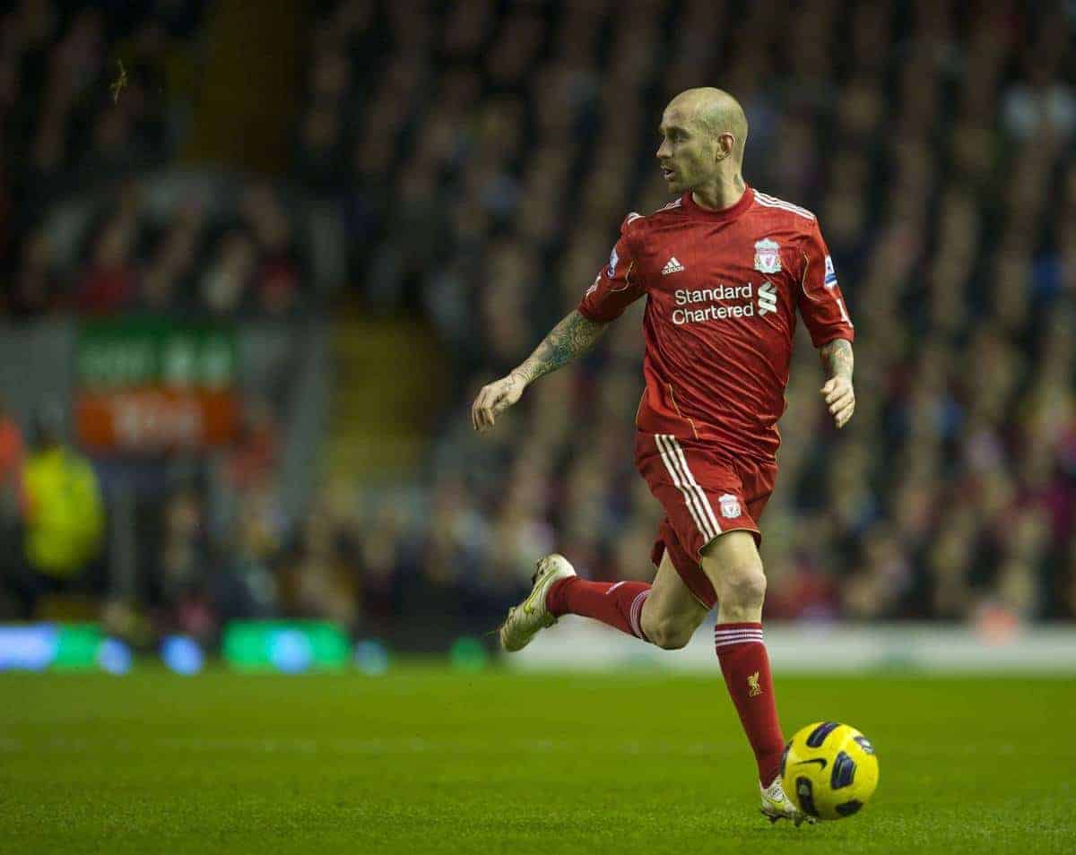 LIVERPOOL, ENGLAND - Wednesday, February 2, 2011: Liverpool's Raul Meireles in action against Stoke City during the Premiership match at Anfield. (Photo by David Rawcliffe/Propaganda)