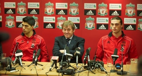 LIVERPOOL, ENGLAND - Thursday, February 3, 2011: Liverpool's new sigingings Luis Suarez and Andy Carroll with manager Kenny Dalglish during a photo-call at Anfield. Suarez signed from Ajax for £22.8m whilst Carroll arrived from Newcastle United for a club record fee of £35m. (Photo by David Rawcliffe/Propaganda)