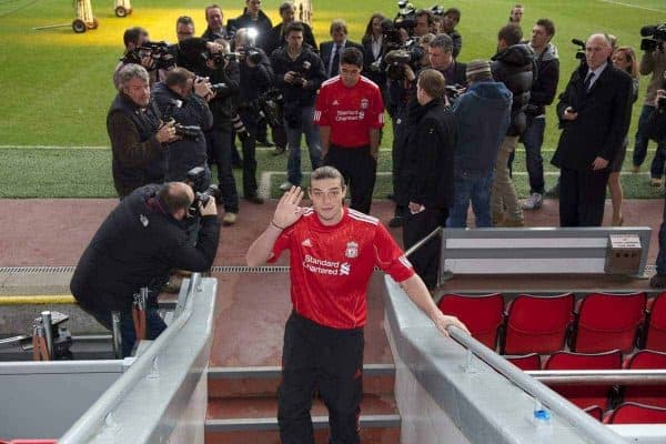 LIVERPOOL, ENGLAND - Thursday, February 3, 2011: Liverpool's new siginging Andy Carroll during a photo-call at Anfield. Carroll arrived from Newcastle United for a club record fee of £35m. (Photo by David Rawcliffe/Propaganda)