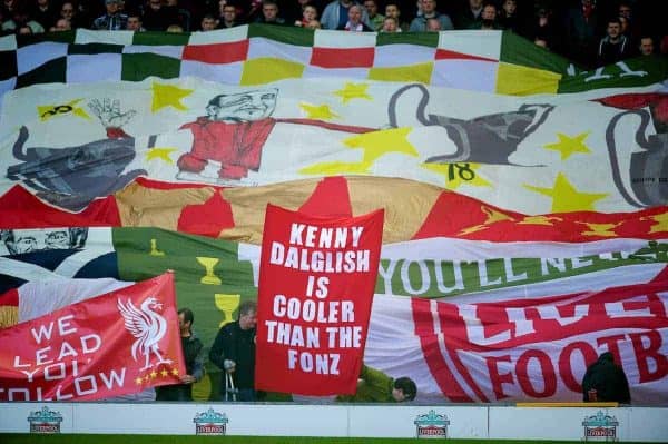 LIVERPOOL, ENGLAND - Sunday, March 6, 2011: Liverpool fans on the famous Spion Kop with a banner reading; "manager Kenny Dalglish is cooler than the Fonz" during the Premiership match against Manchester United at Anfield. (Photo by David Rawcliffe/Propaganda)