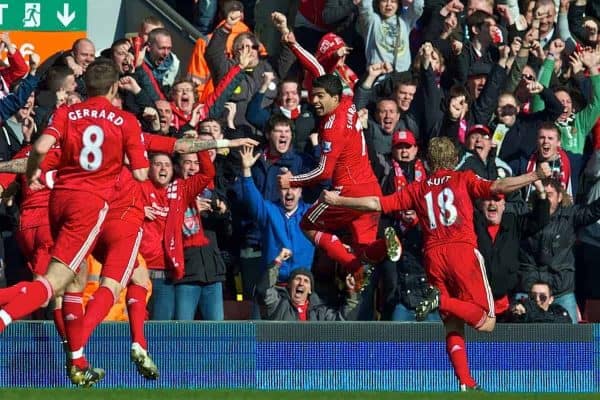 LIVERPOOL, ENGLAND - Sunday, March 6, 2011: Liverpool's Luis Alberto Suarez Diaz celebrates after setting up Dirk Kuyt for his side's first goal during the Premiership match at Anfield. (Photo by David Rawcliffe/Propaganda)