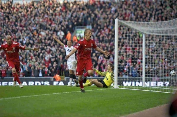 LIVERPOOL, ENGLAND - Sunday, March 6, 2011: Liverpool's Dirk Kuyt celebrates scoring his hat-trick after scoring the third goal against Manchester United during the Premiership match at Anfield. (Photo by David Rawcliffe/Propaganda)