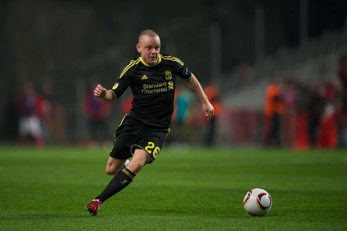 BRAGA, PORTUGAL, Thursday, March 10, 2011: Liverpool's Jay Spearing in action against Sporting Clube de Braga during the UEFA Europa League Round of 16 1st leg match at the Estadio Municipal de Braga. (Photo by David Rawcliffe/Propaganda)