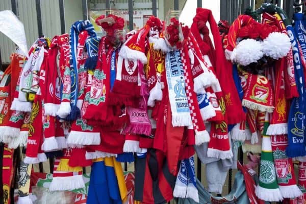 Scarves and floral tributes left at the Shankly Gates at the Memorial Service to remember the 96 victims of the Hillsborough Stadium Disaster in 1989. (Photo by David Rawcliffe/Propaganda)