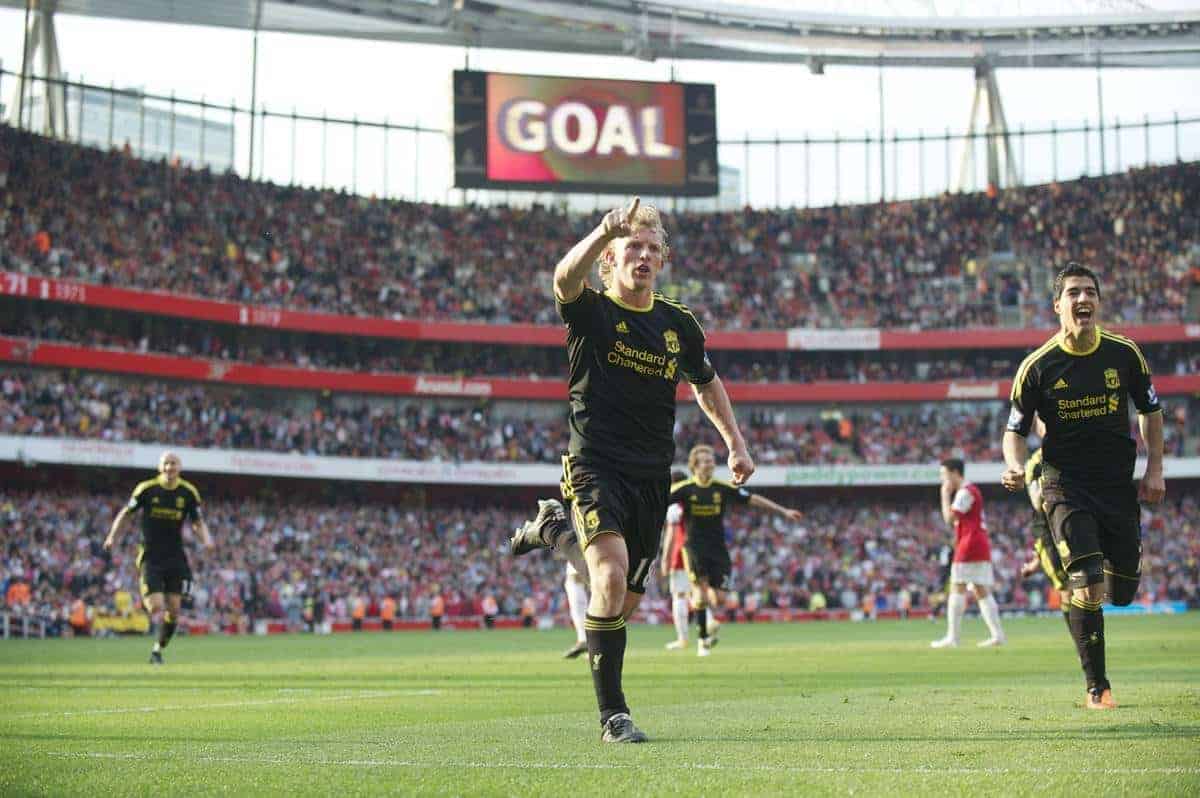 LONDON, ENGLAND - Sunday, April 17, 2011: Liverpool's Dirk Kuyt celebrates scoring an injury time equalising goal from the penalty spot against Arsenal during the Premiership match at the Emirates Stadium. (Photo by David Rawcliffe/Propaganda)