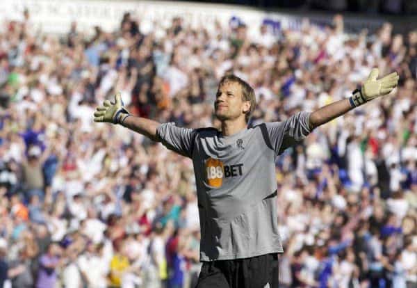 BOLTON, ENGLAND - Sunday, April 24, 2011: Bolton Wanderers' goalkeeper Jussi Jaaskelainen celebrates his side's first goal against Arsenal during the Premiership match at the Reebok Stadium. (Photo by Vegard Grott/Propaganda)