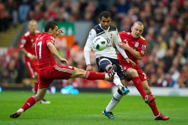 LIVERPOOL, ENGLAND - Sunday, May 15, 2011: Liverpool's Maximiliano Ruben Maxi Rodriguez and Jay Spearing tackle Tottenham Hotspur's Sandro during the Premiership match at Anfield. (Photo by David Rawcliffe/Propaganda)