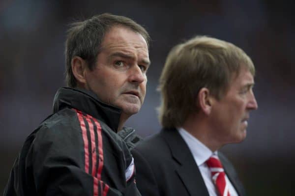 BIRMINGHAM, ENGLAND - Sunday, May 22, 2011: Liverpool's assistant manager Steve Clarke with manager Kenny Dalglish during the Premiership match against Aston Villa at Villa Park. (Photo by David Rawcliffe/Propaganda)