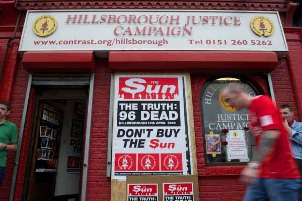 LIVERPOOL, ENGLAND - Saturday, August 13, 2011: The Hillsborough Justic Campaign shop on Walton Breck Road, organising a renewed campaign to boycott the Sun newspaper, before a Premiership match at Anfield. (Pic by David Rawcliffe/Propaganda)
