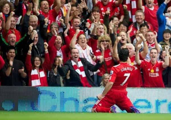 LIVERPOOL, ENGLAND - Saturday, August 13, 2011: Liverpool's Luis Alberto Suarez Diaz celebrates scoring the first goal against Sunderland during the Premiership match at Anfield. (Pic by David Rawcliffe/Propaganda)