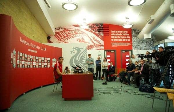 LIVERPOOL, ENGLAND - Thursday, August 18, 2011: Liverpool's new signing Jose Enrique during a press conference at the club's Melwood Training Ground. (Pic by David Rawcliffe/Propaganda)