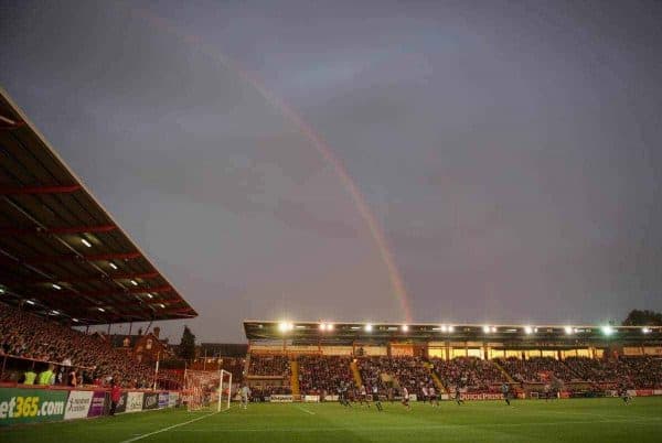 EXETER, ENGLAND - Wednesday, August 24, 2011: A rainbow over the ground as Liverpool take on Exeter City during the Football League Cup 2nd Round match at St James Park. (Pic by David Rawcliffe/Propaganda)