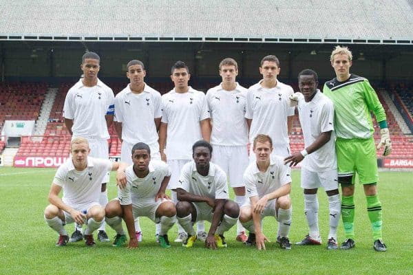 LONDON, ENGLAND - Wednesday, August 31, 2011: Tottenham Hotspur's players line up for a team group photo before the NextGen Series Group 4 match against Inter Milan at Brisbane Road. Back row L-R: captain Jack Nicholson, Kevin Stewart, Massimo Luongo, Tomislav Gomelt, Milos Vejkovic, Souleymane Coulibaly, goalkeeper Jonathan Miles. Front row L-R: Alex Pritchard, Daniel Day, Laste Dombaxe, Jack Barthram. (Pic by Chris Brunskill/Propaganda)