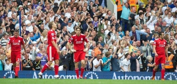 LONDON, ENGLAND - Sunday, September 18, 2011: Liverpool's Jamie Carragher, Lucas Leiva, Sebastian Coates and Jose Enrique look dejected as Tottenham Hotspur score the second goal during the Premiership match at White Hart Lane. (Pic by David Rawcliffe/Propaganda)