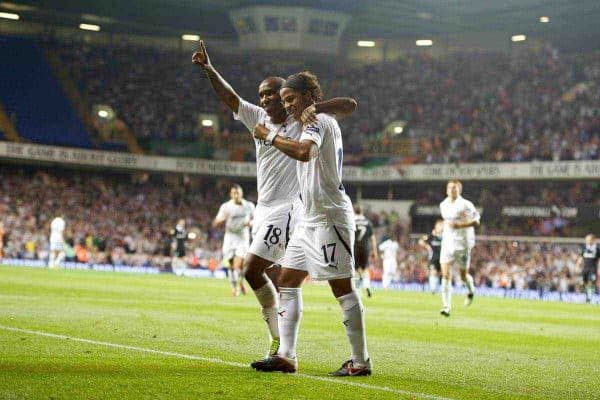 LONDON, ENGLAND - THURSDAY, SEPTEMBER 29, 2011: Tottenham Hotspur's Giovani Dos Santos celebrates scoring his side's third goal against Shamrock Rovers with team-mate Jermain Defoe during the UEFA Europa League Group A match at White Hart Lane. (Photo by Chris Brunskill/Propaganda)