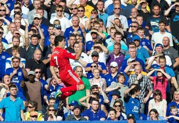 LIVERPOOL, ENGLAND - Saturday, October 1, 2011: Liverpool's Luis Alberto Suarez Diaz celebrates scoring the second goal against Everton during the Premiership match at Goodison Park. (Pic by David Rawcliffe/Propaganda)