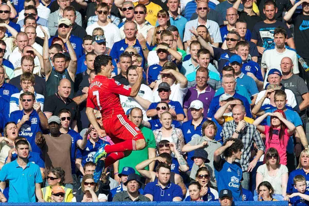 LIVERPOOL, ENGLAND - Saturday, October 1, 2011: Liverpool's Luis Alberto Suarez Diaz celebrates scoring the second goal against Everton during the Premiership match at Goodison Park. (Pic by David Rawcliffe/Propaganda)