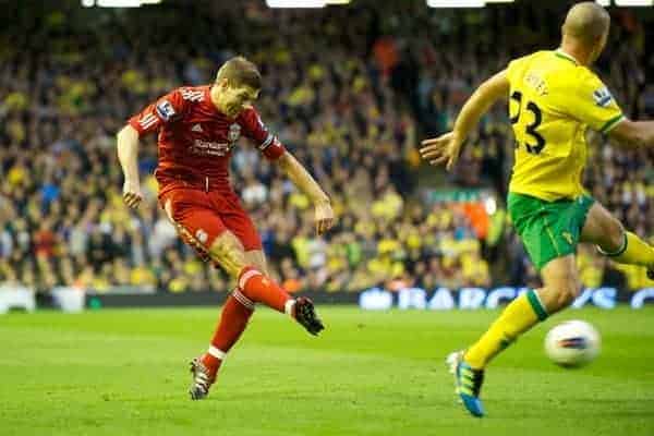 LIVERPOOL, ENGLAND - Saturday, October 22, 2011: Liverpool's captain Steven Gerrard MBE in action against Norwich City during the Premiership match at Anfield. (Pic by David Rawcliffe/Propaganda)