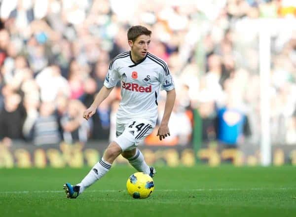 LIVERPOOL, ENGLAND - Saturday, November 5, 2011: Swansea City's Joe Allen in action against Liverpool during the Premiership match at Anfield. (Pic by David Rawcliffe/Propaganda)