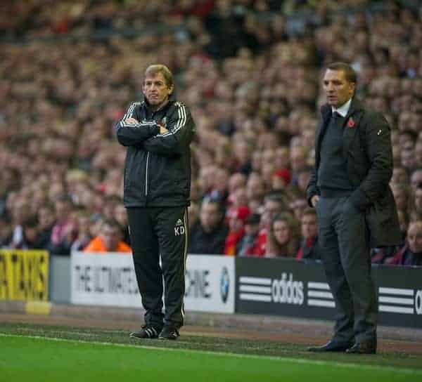 LIVERPOOL, ENGLAND - Saturday, November 5, 2011: Liverpool's manager Kenny Dalglish during the Premiership match against Swansea City at Anfield. (Pic by David Rawcliffe/Propaganda)