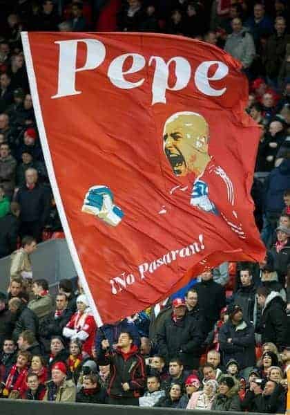 LIVERPOOL, ENGLAND - Saturday, December 10, 2011: A supporters flag of Liverpool's goalkeeper Jose Reina on the Spion Kop before the Premiership match between Liverpool and Queens Park Rangers at Anfield. (Pic by David Rawcliffe/Propaganda)