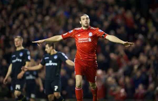 LIVERPOOL, ENGLAND - Friday, January 6, 2012: Liverpool's Andy Carroll celebrates scoring his side's fourth goal against Oldham Athletic during the FA Cup 3rd Round match at Anfield. (Pic by David Rawcliffe/Propaganda)