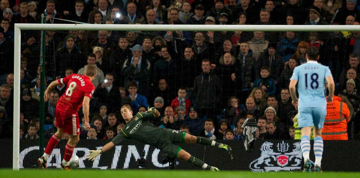 MANCHESTER, ENGLAND - Wednesday, January 11, 2012: Liverpool's captain Steven Gerrard scores the first goal from the penalty spot against Manchester City's goalkeeper Joe Hart during the Football League Cup Semi-Final 1st Leg at the City of Manchester Stadium. (Pic by David Rawcliffe/Propaganda)