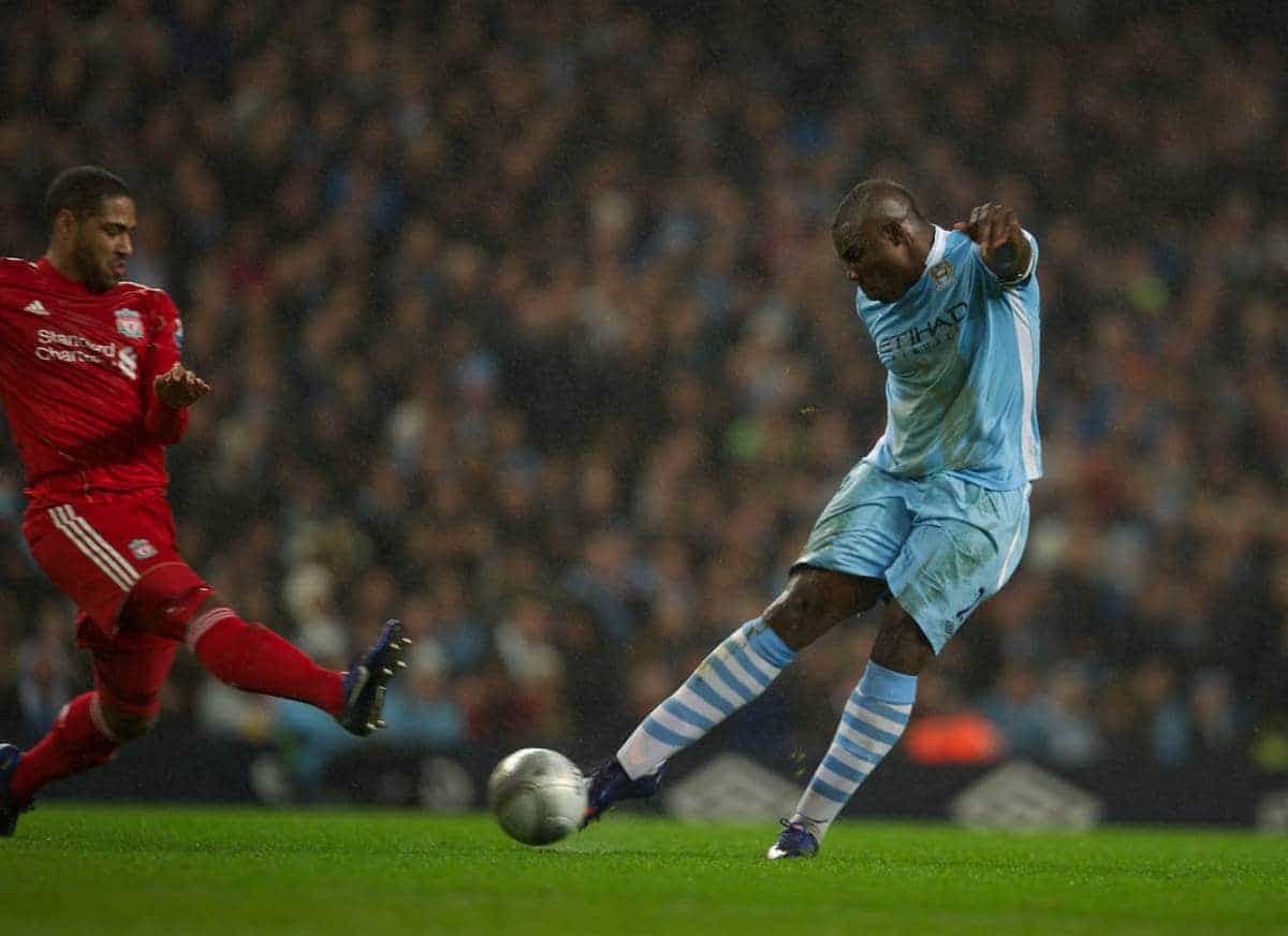 MANCHESTER, ENGLAND - Wednesday, January 11, 2012: Manchester City's captain Micah Richards in action against Liverpool during the Football League Cup Semi-Final 1st Leg at the City of Manchester Stadium. (Pic by David Rawcliffe/Propaganda)