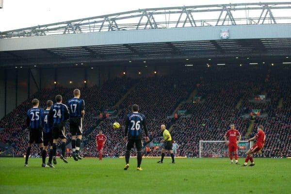 LIVERPOOL, ENGLAND - Saturday, January 14, 2012: Liverpool's captain Steven Gerrard takes a free-kick against Stoke City during the Premiership match at Anfield. (Pic by David Rawcliffe/Propaganda)