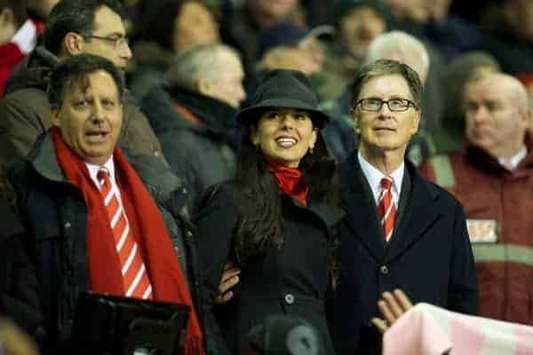 LIVERPOOL, ENGLAND - Wednesday, January 25, 2012: Liverpool's owner John W. Henry and wife Linda Pizzuti during the Football League Cup Semi-Final 2nd Leg against Manchester City at Anfield. (Pic by David Rawcliffe/Propaganda)