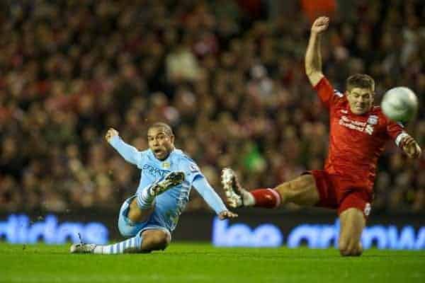 LIVERPOOL, ENGLAND - Wednesday, January 25, 2012: Manchester City's Nigel de Jong scores the first goal against Liverpool during the Football League Cup Semi-Final 2nd Leg at Anfield. (Pic by David Rawcliffe/Propaganda)