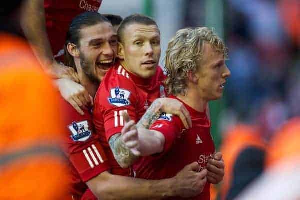 LIVERPOOL, ENGLAND - Saturday, January 28, 2012: Liverpool's match-winner Dirk Kuyt celebrates scoring the second goal against against Manchester United to seal a 2-1 victory, with team-mates Craig Bellamy and Andy Carroll, during the FA Cup 4th Round match at Anfield. (Pic by David Rawcliffe/Propaganda)