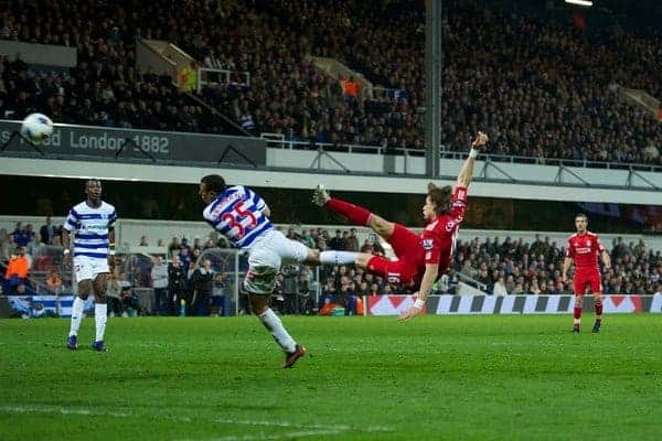 LONDON, ENGLAND - Wednesday, March 21, 2012: Liverpool's Sebastian Coates his first goal for the club to give the Reds a 1-0 lead over Queens Park Rangers during the Premiership match at Loftus Road. (Pic by David Rawcliffe/Propaganda)