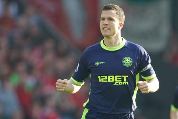 LIVERPOOL, ENGLAND - Saturday, March 24, 2012: Wigan Athletic's Gary Caldwell elebrates scoring the winning goal against Liverpool during the Premiership match at Anfield. (Pic by David Rawcliffe/Propaganda)