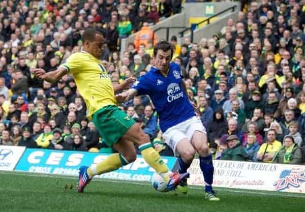 NORWICH, ENGLAND - Saturday, April 7, 2012: Everton's Magaye Gueye  in  the Premiership match at Carrow Road. (Pic by Marcello Pozzetti/Propaganda)NORWICH, ENGLAND - Saturday, April 7, 2012: Action picture involving Everton's Leighton Baines and Norwich City's Elliott Bennett  in  the Premiership match at Carrow Road. (Pic by Marcello Pozzetti/Propaganda)