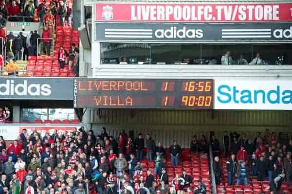 LIVERPOOL, ENGLAND - Saturday, April 7, 2012: The scoreboard records Liverpool's 1-1 draw with Aston Villa during the Premiership match at Anfield. (Pic by David Rawcliffe/Propaganda)