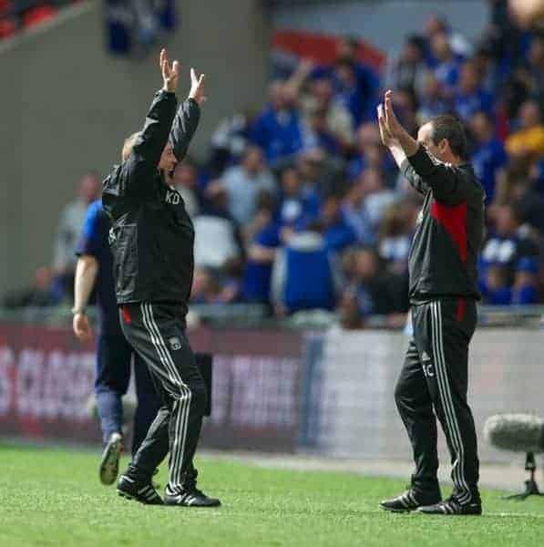 LONDON, ENGLAND - Saturday, April 14, 2012: Liverpool's manager Kenny Dalglish celebrates his side's 2-1 victory over Everton with assistant manager Steve Clarke during the FA Cup Semi-Final match at Wembley. (Pic by David Rawcliffe/Propaganda)