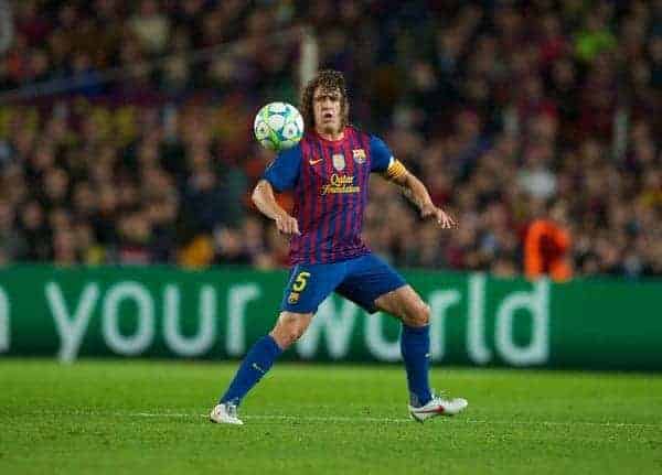 BARCELONA, SPAIN - Tuesday, April 24, 2012: FC Barcelona's Carles Puyol in action against Chelsea during the UEFA Champions League Semi-Final 2nd Leg match at the Camp Nou. (Pic by David Rawcliffe/Propaganda)