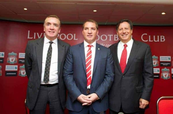 LIVERPOOL, ENGLAND - Friday, June 1, 2012: Liverpool's new manager Brendan Rodgers next to managing director Ian Ayre (L) and chairman Tom Werner (R) during a photocall to announce him as the new manager of Liverpool Football Club at Anfield. (Pic by Chris Brunskill/Propaganda)