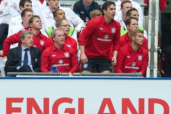 LONDON, ENGLAND - Saturday, June 2, 2012: England's new head coach Roy Hodgson with coach Gary Neville against Belgium during the International Friendly match at Wembley. (Pic by David Rawcliffe/Propaganda)