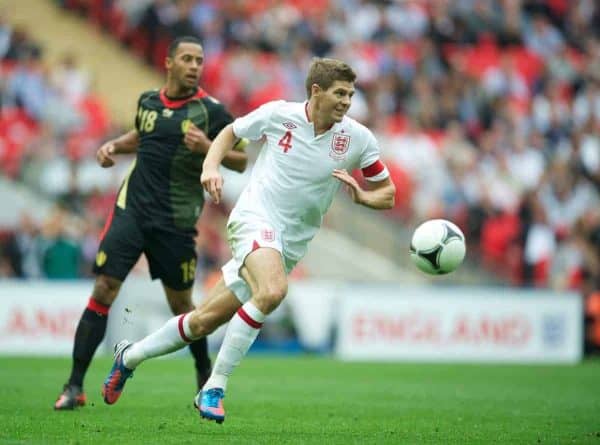 LONDON, ENGLAND - Saturday, June 2, 2012: England's captain Steven Gerrard in action against Belgium during the International Friendly match at Wembley. (Pic by David Rawcliffe/Propaganda)