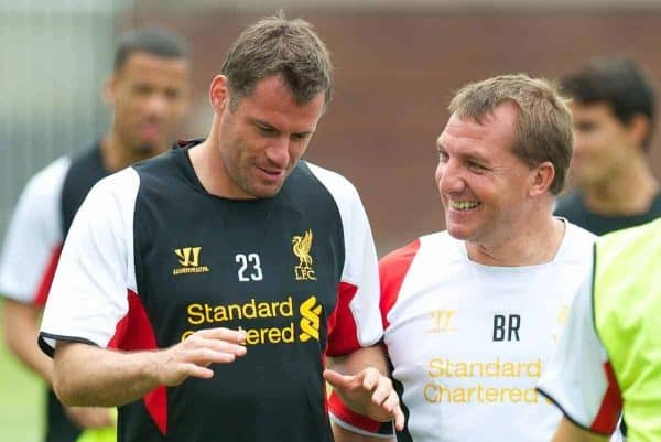 BOSTON, MA - Monday, July 23, 2012: Liverpool's Jamie Carragher and manager Brendan Rodgers during a training session at the Harvard Stadium fields ahead of the pre-season match against AS Roma during the club's North American pre-season tour. (Pic by David Rawcliffe/Propaganda)