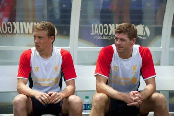 BALTIMORE, MD - Saturday, July 28, 2012: Liverpool's Lucas Leiva and captain Steven Gerrard before a pre-season friendly match against Tottenham Hotspur at the M&T Bank Stadium. (Pic by David Rawcliffe/Propaganda)