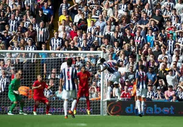 WEST BROMWICH, ENGLAND - Saturday, August 18, 2012: West Bromwich Albion's  Romelu Lukaku heads home the third goal against Liverpool to seal a 3-0 victory during the opening Premiership match of the season at the Hawthorns. (Pic by David Rawcliffe/Propaganda)