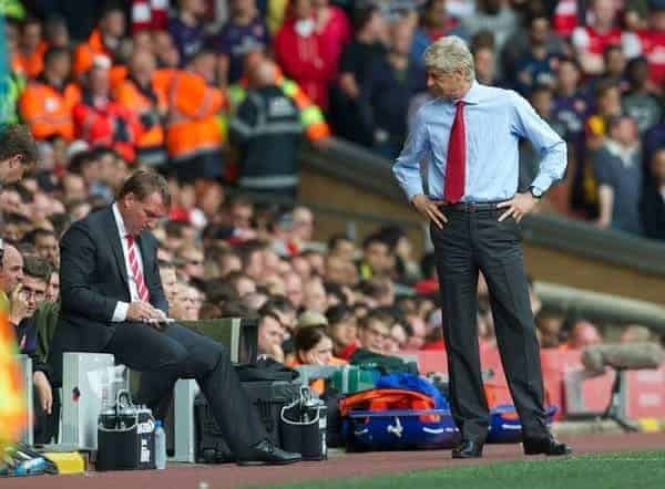 LIVERPOOL, ENGLAND - Sunday September 2, 2012: Liverpool's manager Brendan Rodgers and Arsenal's manager Arsene Wenger during the Premiership match at Anfield. (Pic by David Rawcliffe/Propaganda)