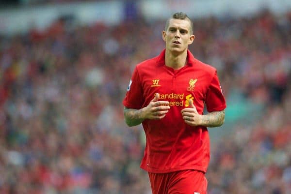 LIVERPOOL, ENGLAND - Sunday September 2, 2012: Liverpool's Daniel Agger in action against Arsenal during the Premiership match at Anfield. (Pic by David Rawcliffe/Propaganda)