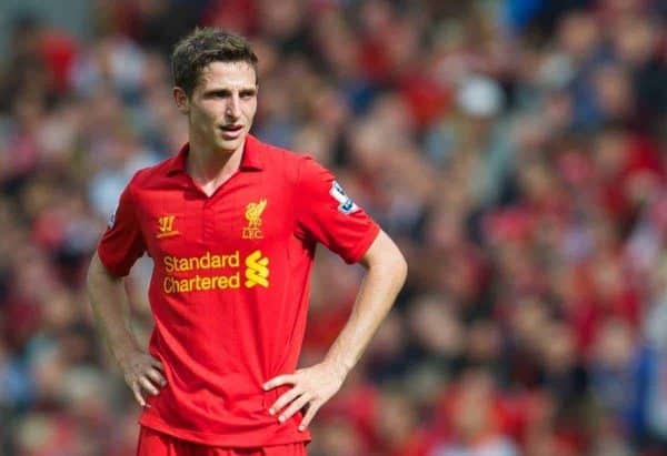 LIVERPOOL, ENGLAND - Sunday September 2, 2012: Liverpool's Joe Allen in action against Arsenal during the Premiership match at Anfield. (Pic by David Rawcliffe/Propaganda)